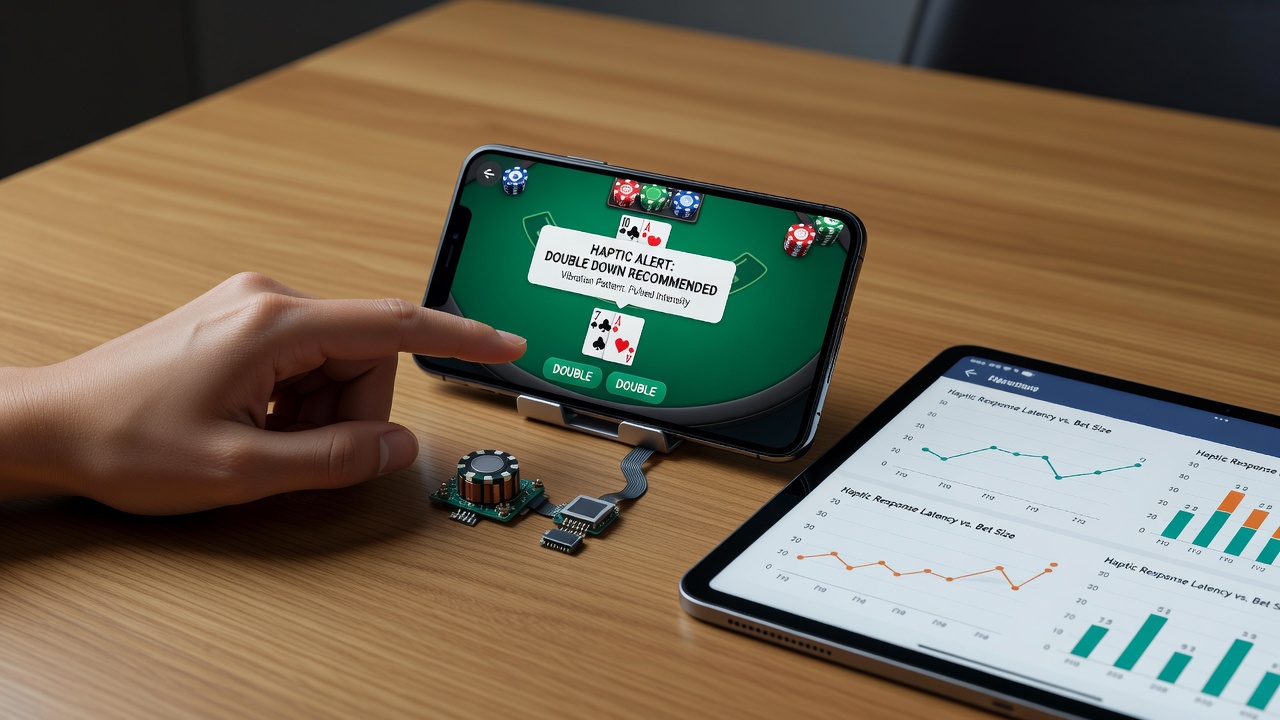 Detailansicht einer Blackjack-Sitzung mit sichtbaren Vibrationsmustern und Einsatzschieberegler auf dem mobilen Gerät